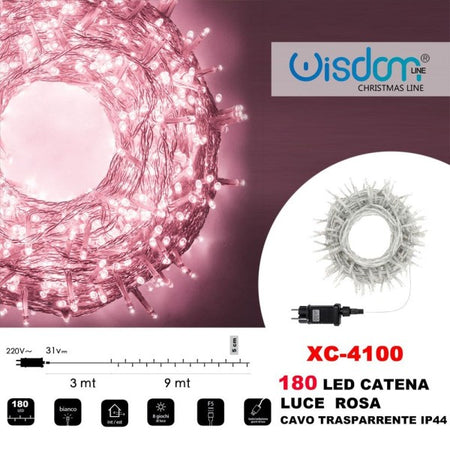 Catena Luminosa 180 Luci Led Lucciole Luce Rosa Cavo Trasparente Ip44 Xc-4100
