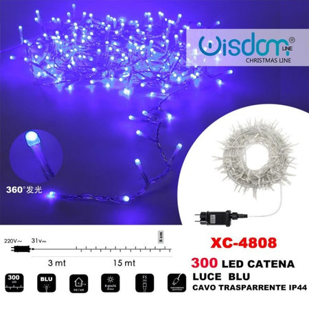Catena Luminosa 300 Luci Led Lucciole Luce Blu Cavo Trasparente Ip44 Xc-4808