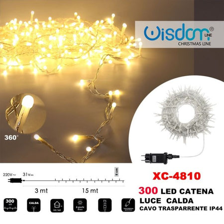 Catena Luminosa 300 Luci Led Lucciole Luce Calda Cavo Trasparente Ip44 Xc-4810