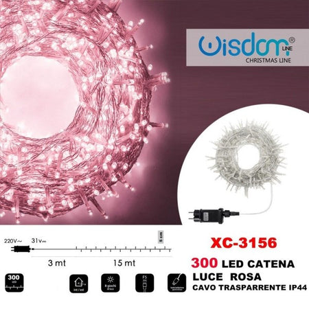 Catena Luminosa 300 Luci Led Lucciole Luce Rosa Cavo Trasparente Ip44 Xc-3156