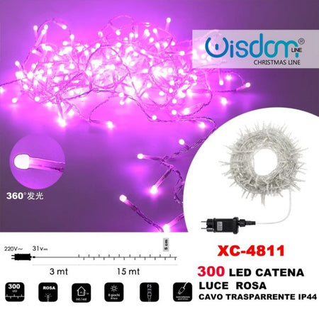 Catena Luminosa 300 Luci Led Lucciole Luce Rosa Cavo Trasparente Ip44 Xc-4811