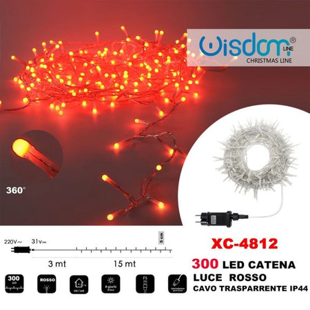 Catena Luminosa 300 Luci Led Lucciole Luce Rosso Cavo Trasparente Ip44 Xc-4812
