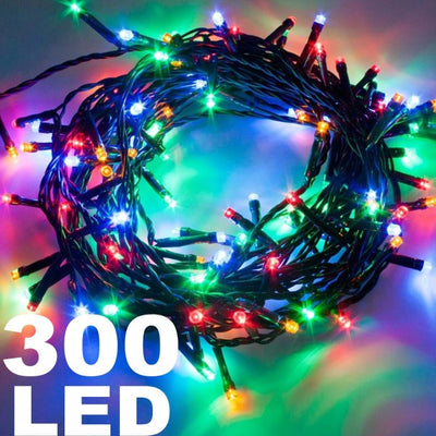Catena Luminosa 300 Luci Led Lucciole Multicolore Controller 8 Funzioni Interno