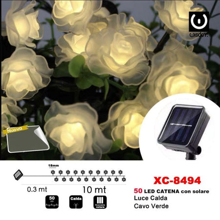 Catena Luminosa 50led Rose Luminose Ricarica Ad Energia Solare Luce Calda Xc-8494
