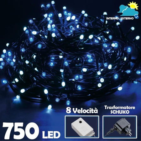 Catena Luminosa 750 Luci Led Lucciole Bianco Freddo E Blu Controller 8 Funzioni