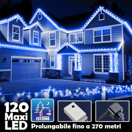 Catena Luminosa Natalizia 120 Led Luce Blu Con Flash 9mt Esterno Prolungabile