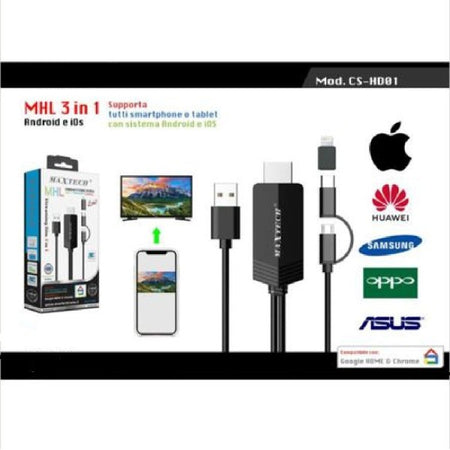 Cavo 3in1 Mhl Streaming Micro Usb Type-c Lightning Per Android Ios Maxtech Cs-hd01