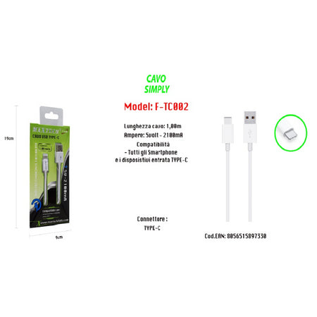 Cavo Usb Per Ricarica Smartphone Ipad 1,00mt Simply 5v-2100ma Maxtech F-tc002