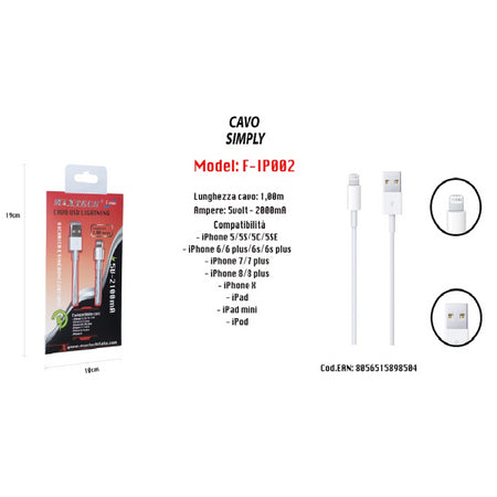 Cavo Usb Simply Ricarica Per Iphone Ipad Ipod 1 Mt 5volt-2000ma Maxtech F-ip002