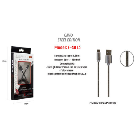 Cavo Usb Steel Edition X Smartphone 5 Pin 5volt - 2000ma 1,0 Mt Maxtech F-s013