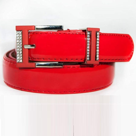 Cintura Donna Rosso Ecopelle Pelle Cinta Tessuto Fibbia In Metallo Brillantini