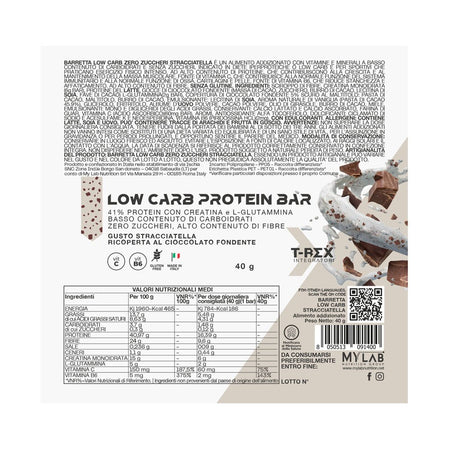 Low Carb Protein Bar 41% di Proteine in Barrette 40 gr gusto Stracciatella T-Rex Integratori ricoperto Cioccolato Fondente 226 Kcal Spuntino Proteico | Vitamina B6 e Vitamina C, Creatina e L-Glutammina Salute e cura della persona/Alimentazione e nutrizione/Barrette e bibite nutrizionali/Barrette nutrizionali/Barrette proteiche MyLab Nutrition - Roma, Commerciovirtuoso.it