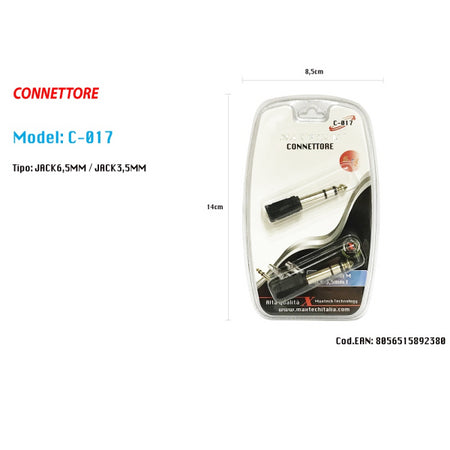 Connettore 3.5mm Spinotto Femmina A 6.5mm Jack Maschio Audio Adattatore Maxtech C-017