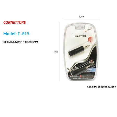 Connettore Adattatore Stereo Jack 3.5mm Maschio - Jack 6.5mm Femmina Maxtech C-015