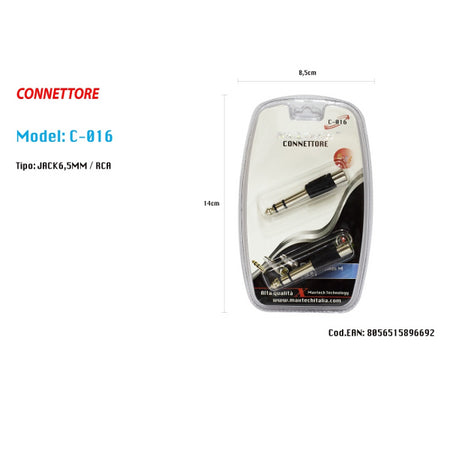 Connettore Jack 6.5mm Maschio Spina A Rca Femmina Audio Adattatore Maxtech C-016