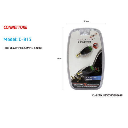 Connettore Maschio 2.1mm X 5.5mm Dc Alimentazione Per Telecamere Maxtech C-013