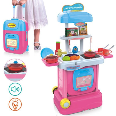 Cucina Giocattolo Bambini Fornello Luci Suoni Richiudibile In Trolley Accessori