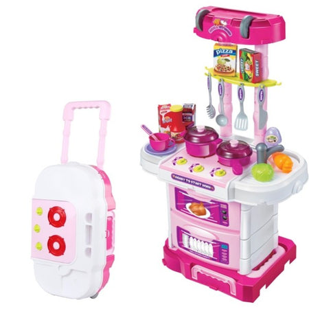 Cucina Giocattolo Bambini Richiudibile In Trolley Fornello Luci Suoni Accessori Rosa