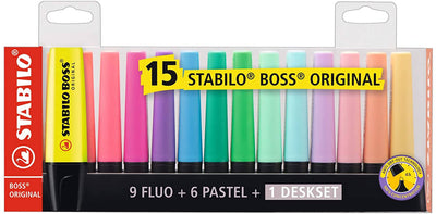 Evidenziatore STABILO BOSS ORIGINAL Desk-Set 15 Colori Assortiti 9 Evidenziatori Fluo + 6 Colori Pastel + 1 DESKJET evidenziatori Cartoleria Soluzione - Milazzo, Commerciovirtuoso.it