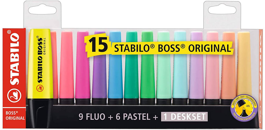 Evidenziatore STABILO BOSS ORIGINAL Desk-Set 15 Colori Assortiti 9  Evidenziatori Fluo + 6 Colori Pastel + 1 DESKJET 