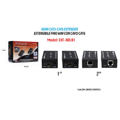Estensore Hdmi Amplificatore Segnale Video 1080p Rj45 Cat5e Cat6 60mt Maxtech Ext-hdl01