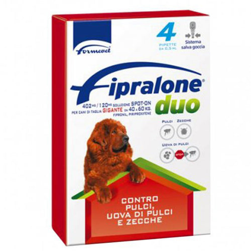 Antiparassitario Cani da 40-60 kg per pulci e zecche Fipralone Duo Spot-on 4 pipette da 402 mg Prodotti per animali domestici/Cani/Antiparassitari/Pipette antiparassitarie La Zappa - Altamura, Commerciovirtuoso.it