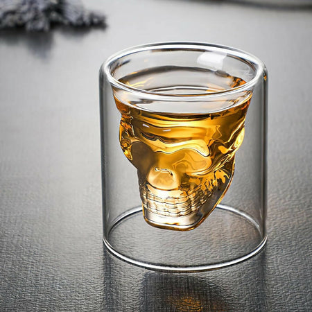 Bicchiere a forma di teschio per liquori e whisky bicchiere a doppio vetro da shot