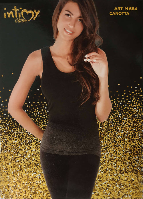 art. m654 INTIMY glitter Canotta nera donna spalla larga scollatura alta taglia L/XL intimo e abbigliamento donna L'Orchidea - Siderno, Commerciovirtuoso.it