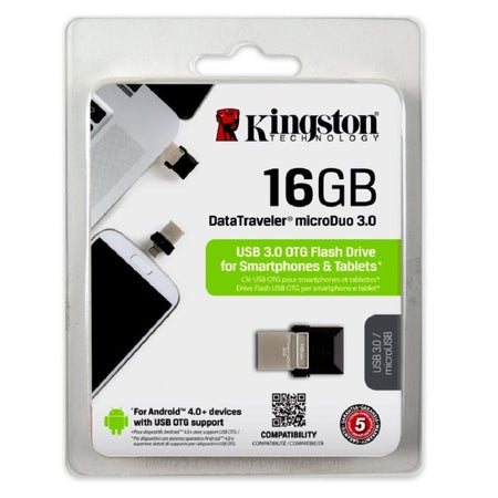 Kingston Pen Drive 16 Gb Con Attacco Usb 3.0/microusb Smartphone Tablet Duo-16gb