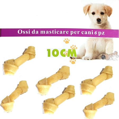 Kit 6 Ossa Cane Da Masticare Pelle Bovino Osso Cani 10cm Snack Annodato Igiene