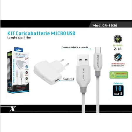 Kit Caricabatteria Adattatore Di Ricarica Con Cavo Micro Usb 1mt Maxtech Ca-s036