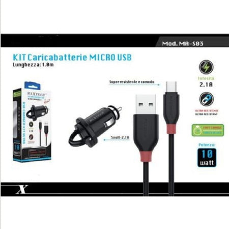 Kit Caricabatterie Caricatore Da Auto + Cavo Micro Usb 1mt 10watt Maxtech Ma-s03