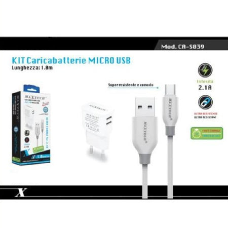 Kit Caricabatterie Da Muro 2 Porte Usb 2.1a + Cavo Micro Usb 1mt Maxtech Ca-s039