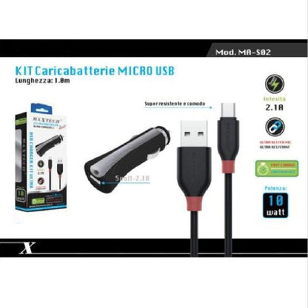 Kit Caricatore Carica Batterie Auto Con Cavo Micro Usb 1mt 10watt Ma-s02 Maxtech