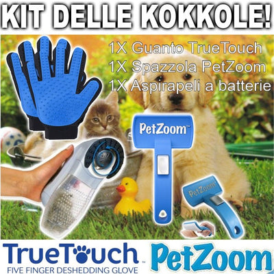 Kit Delle Coccole True Touch + Petzoom + Aspirapeli Per La Pulizia Cani E Gatti