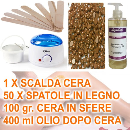 Kit Depilazione Ceretta Brasiliana Con Scaldacera Spatola In Legno Olio Sfere
