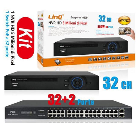 Kit Nvr Hd 32 Canali + Switch Poe 32 Porte 1080p 500w 5 Milioni Di Pixel Nvr3232