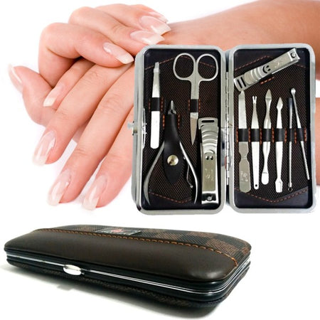 Kit Professionale Manicure Pedicure Sopracciglia 11 Pezzi In Custodia Ecopelle