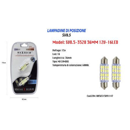 Lampadine Di Posizione 12v 16led 36mm Maxtech Sv8.5-3528 Lampadine Ultra Luminose