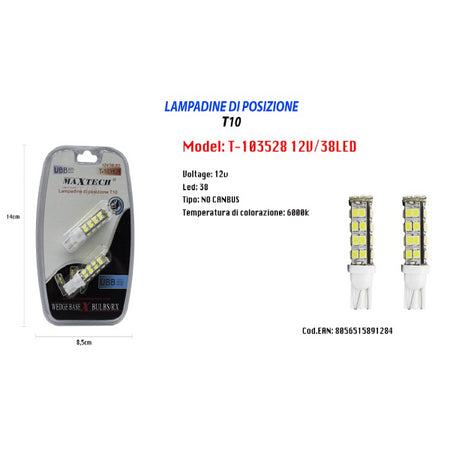 Lampadine Di Posizione 12v 38led T10 Maxtech T-103528 Lampadine Ultra Luminose