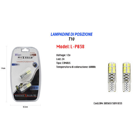 Lampadine Di Posizione T10 Canbus Ultra Luminose Maxtech L-p038 12v/24led 6000k
