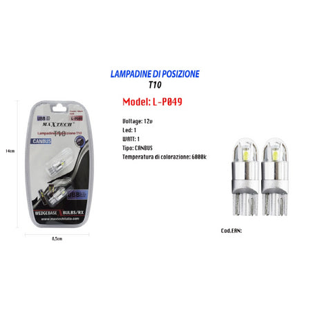 Lampadine Di Posizione T10 Maxtech L-p049 12v-1w 1led Canbus 6000k Ultra Luminose