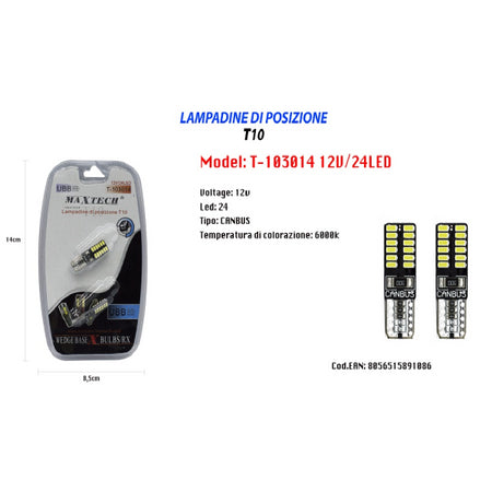 Lampadine Di Posizione T10 Maxtech T-103014 12v 24led 6000k Lampadine Ultra Luminose