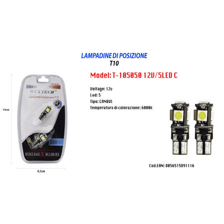 Lampadine Di Posizione T10 Maxtech T-105050 12v / 5led C Ultra Luminose Canbus