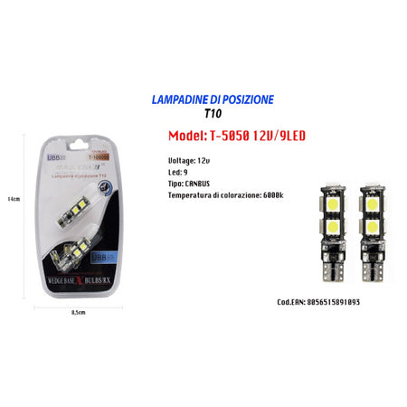 Lampadine Di Posizione T10 Maxtech T-105050 12v 9led Canbus Ultra Luminose 6000k