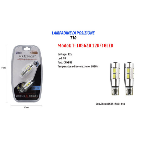 Lampadine Di Posizione T10 Maxtech T-105630 12v 10led Ultra Luminose Canbus 6000k