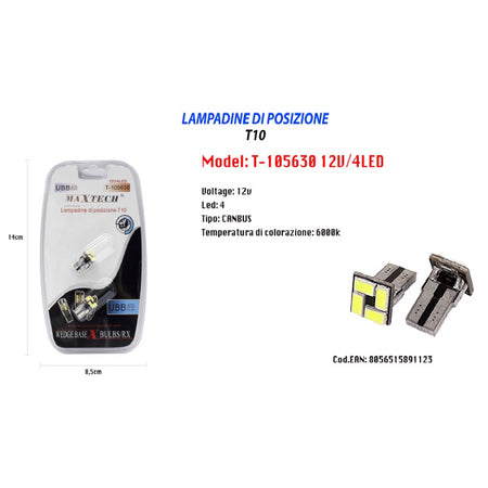 Lampadine Di Posizione T10 Maxtech T-105630 12v 4led Canbus 6000k Ultra Luminose
