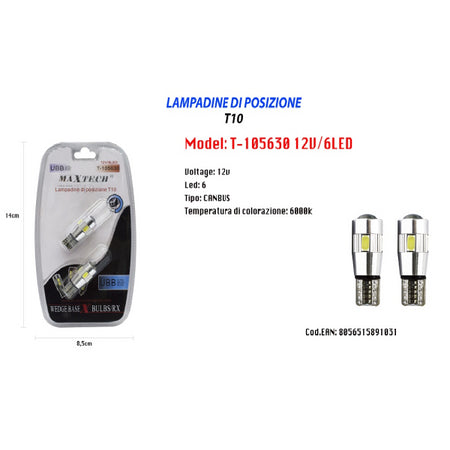 Lampadine Di Posizione T10 Maxtech T-105630 12v 6led Canbus Lampadine Ultra Luminose