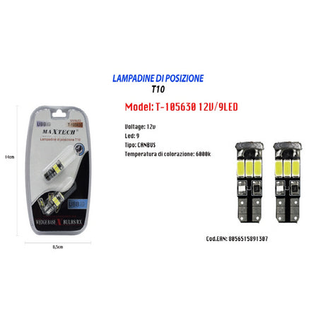 Lampadine Di Posizione T10 Maxtech T-105630 12v 9led Canbus Ultra Luminose 6000k