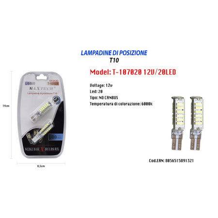 Lampadine Di Posizione T10 Maxtech T-107020 12v 20led 6000k Lampadine Ultra Luminose